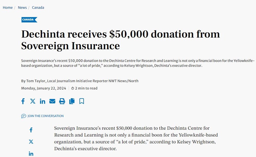 Une capture d'écran de l'article "Dechinta receives $50,000 donation from Sovereign Insurance"